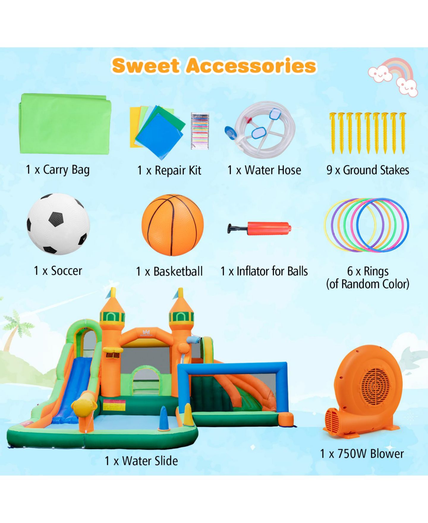 Детская игрушка SKONYON Kids Inflatable Water Slide with Multi-Game Zones and 750W Blower, Ages 3-10, цвет: Синий — фото 6