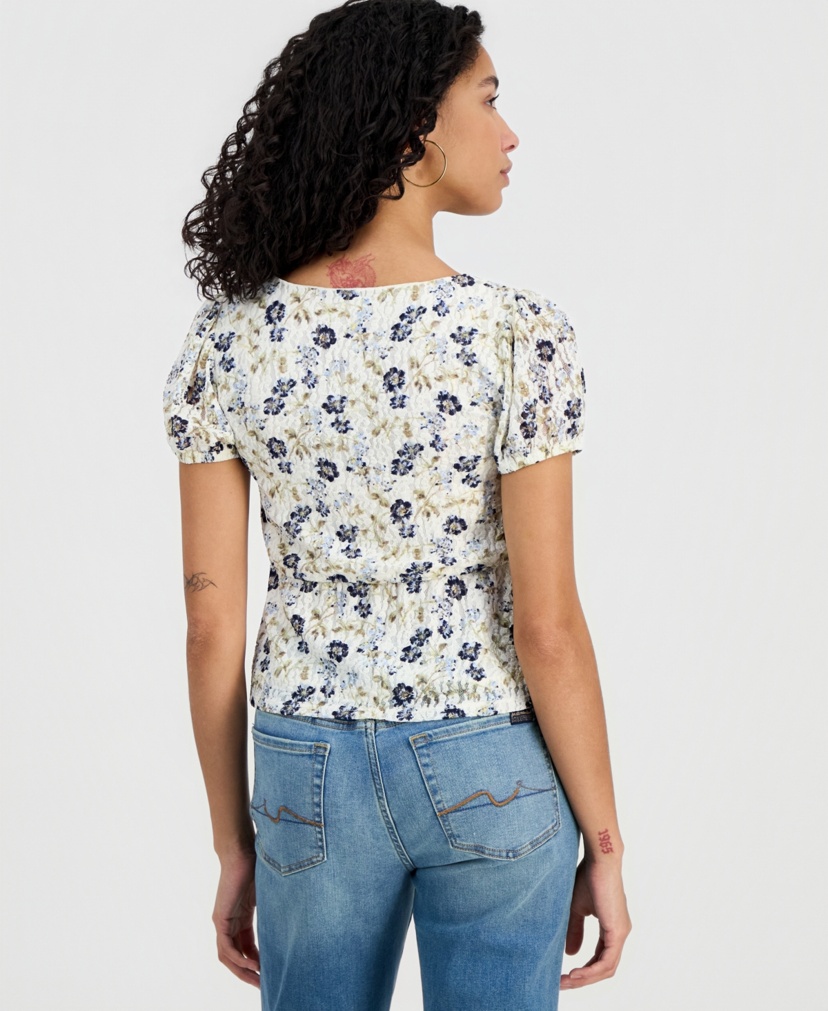 Self Esteem Juniors' Printed Lace Short-Sleeve Babydoll Top