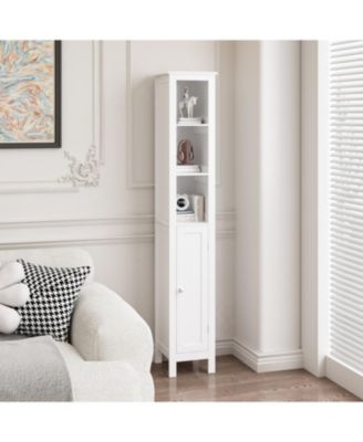 Freestanding Bathroom Storage Cabinet with Adjustable Shelves Slim Single Door Cabinet with Anti Tip and Open Compartments