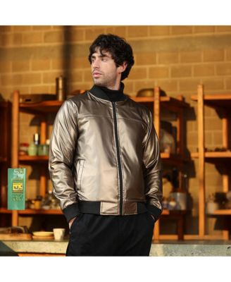 Men's Antique Bronze Patent-Panel Bomber Jacket