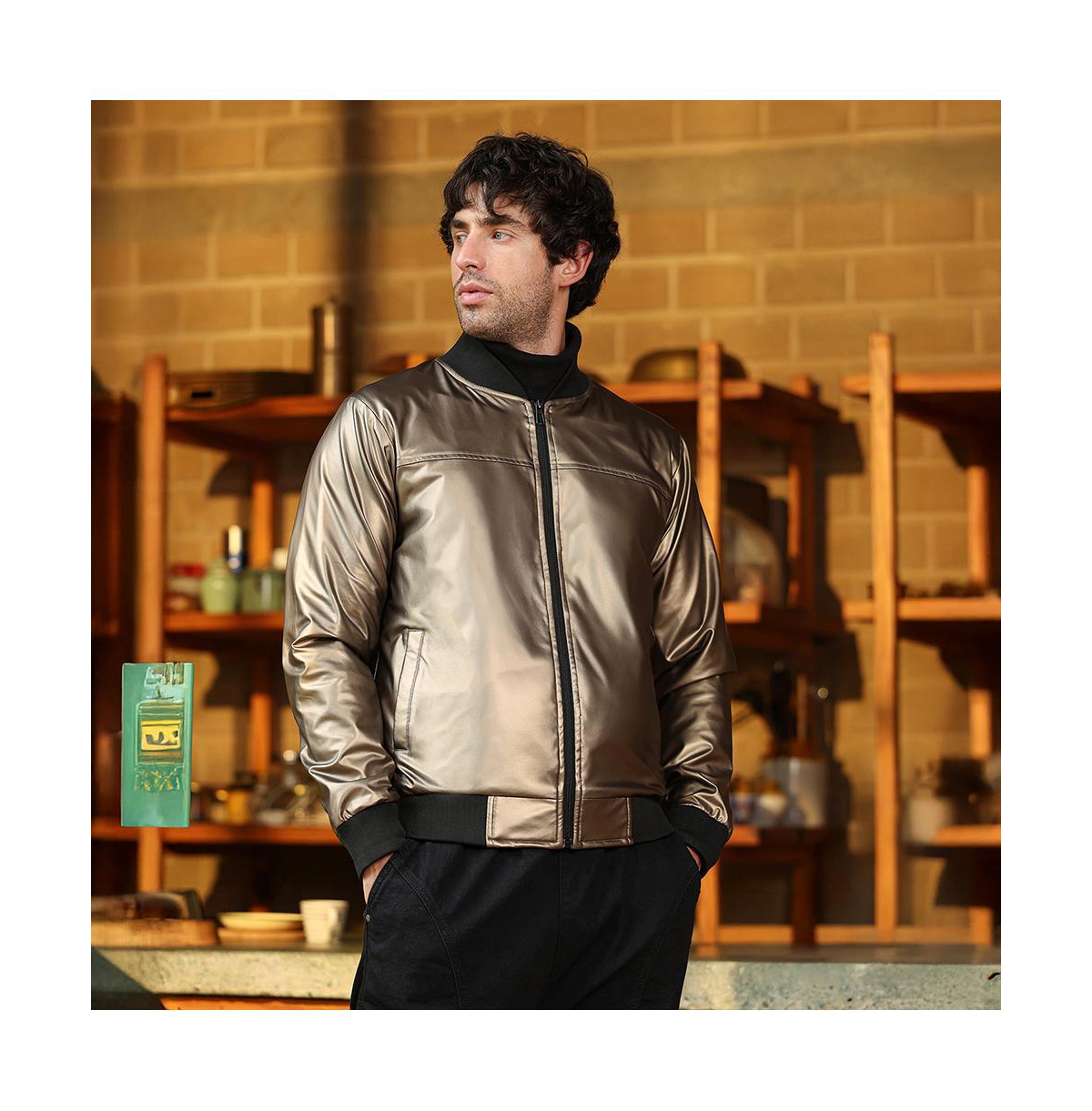 Campus Sutra Men's Antique Bronze Patent-Panel Bomber Jacket