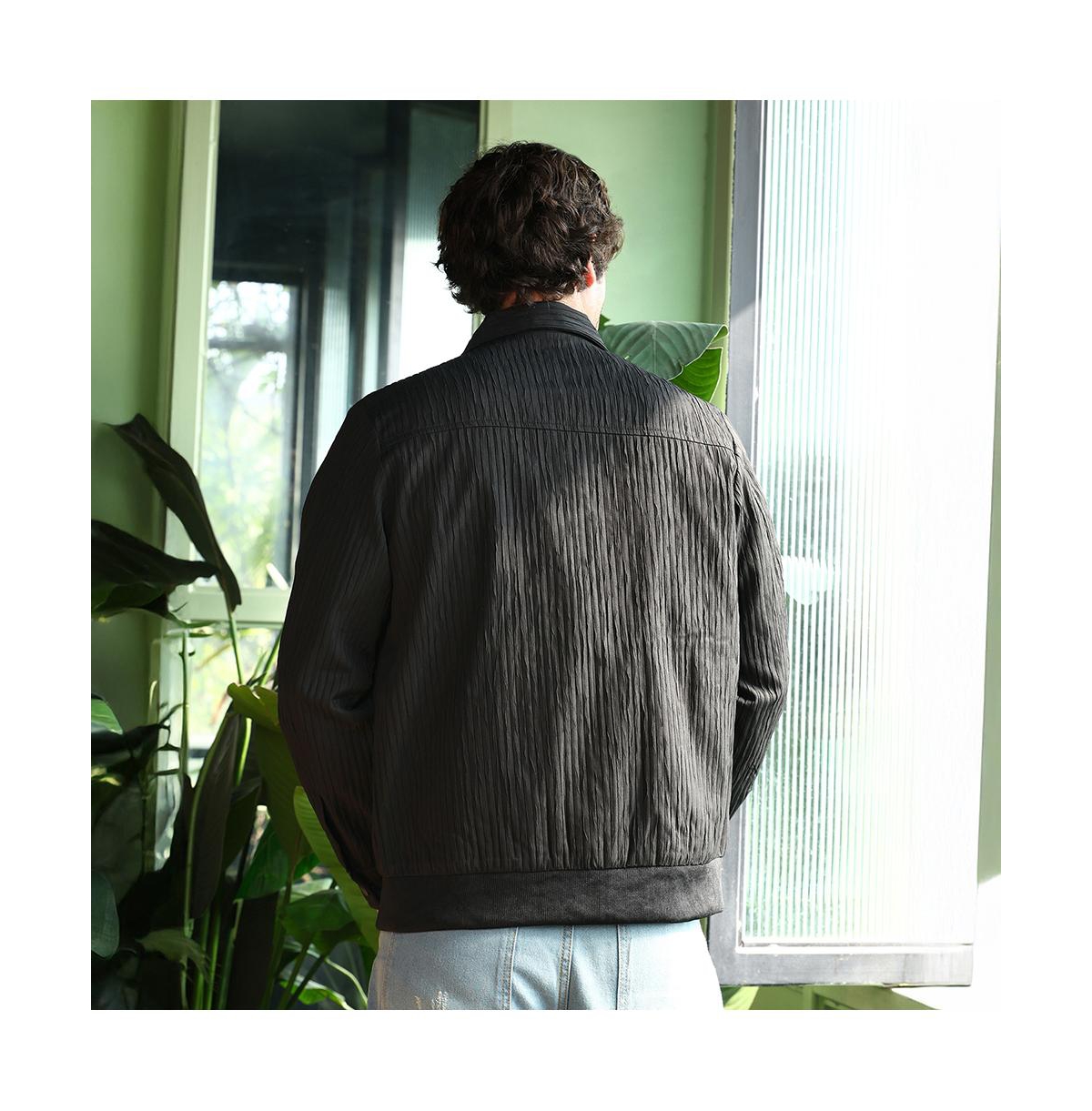 Campus Sutra Men's Midnight Black Zip-Front Crease-Tactile Jacket