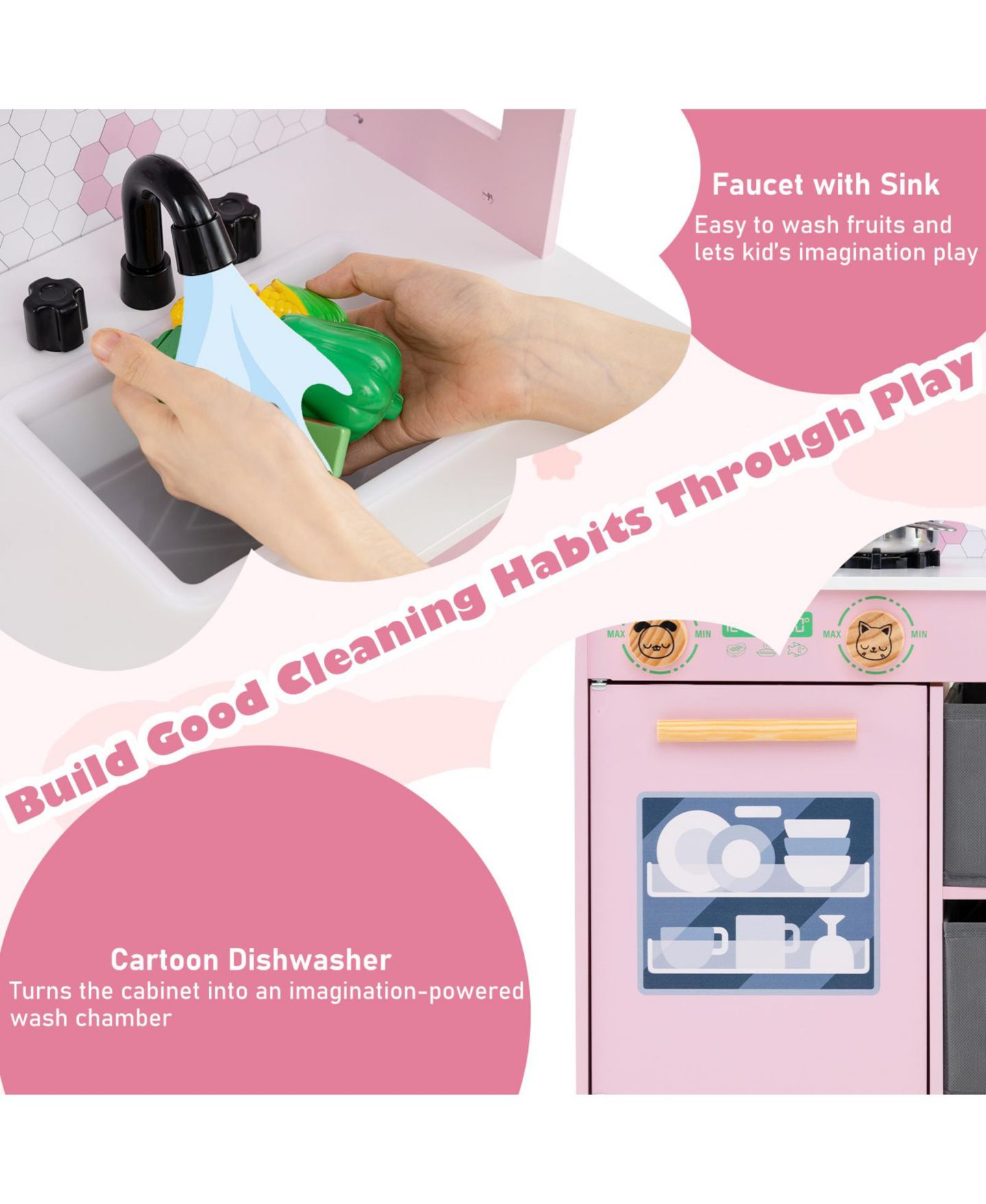 Детские игрушки Gymax 2-Stove Clickable-Knob Kids Play Kitchen, 7-Piece Set, Ages 3-6, цвет: Розовый — фото 8