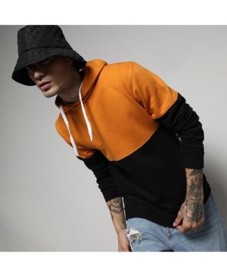 Men's Black & Mustard Yellow Pullover Hoodie With Ribbed Hem