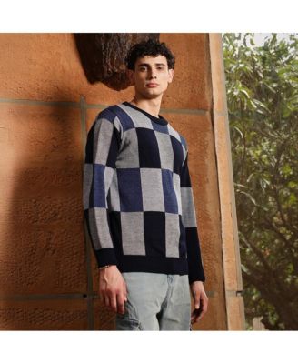 Men's Navy Blue Block-Check Pullover Sweater