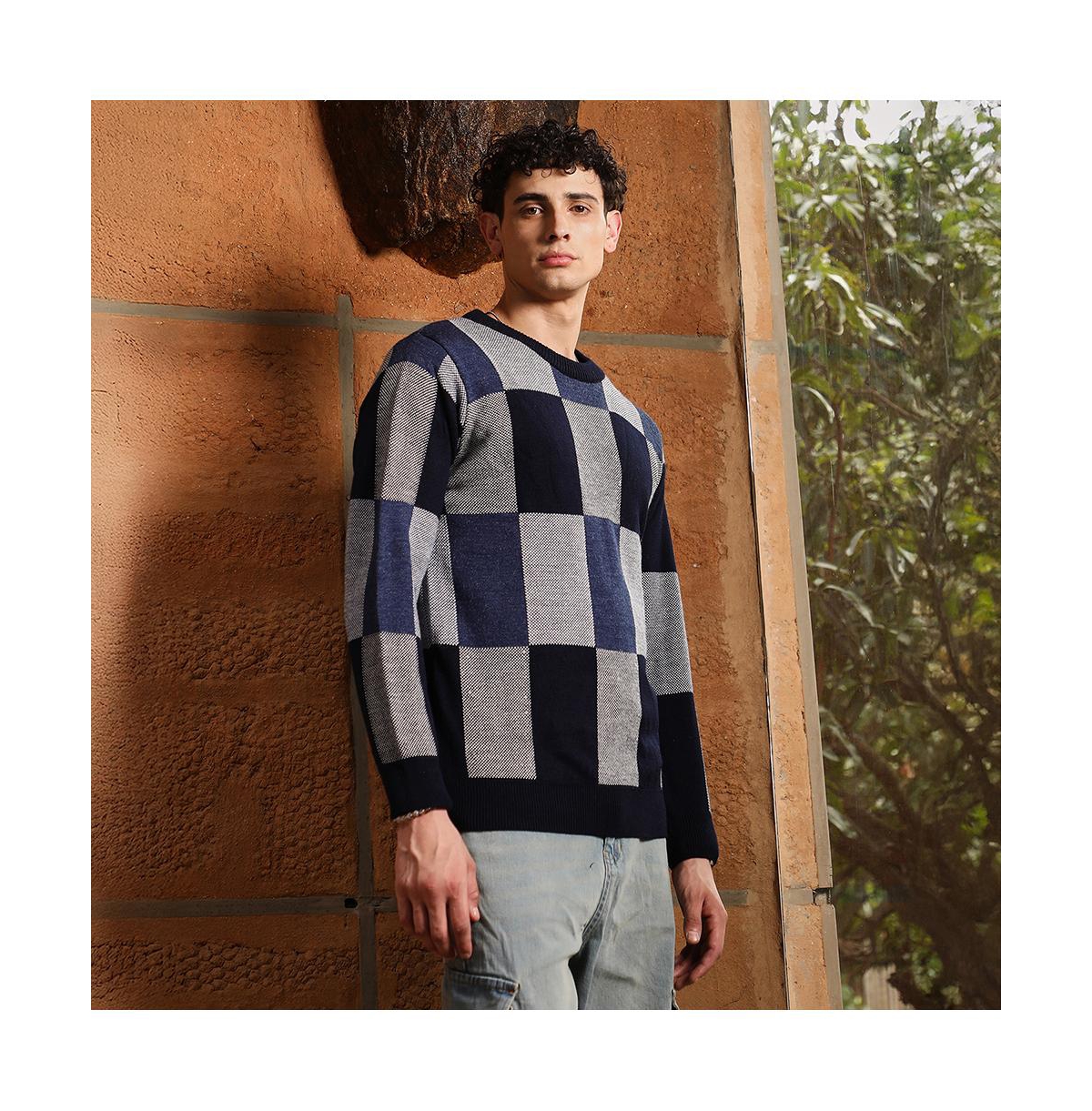 Campus Sutra Men's Navy Blue Block-Check Pullover Sweater