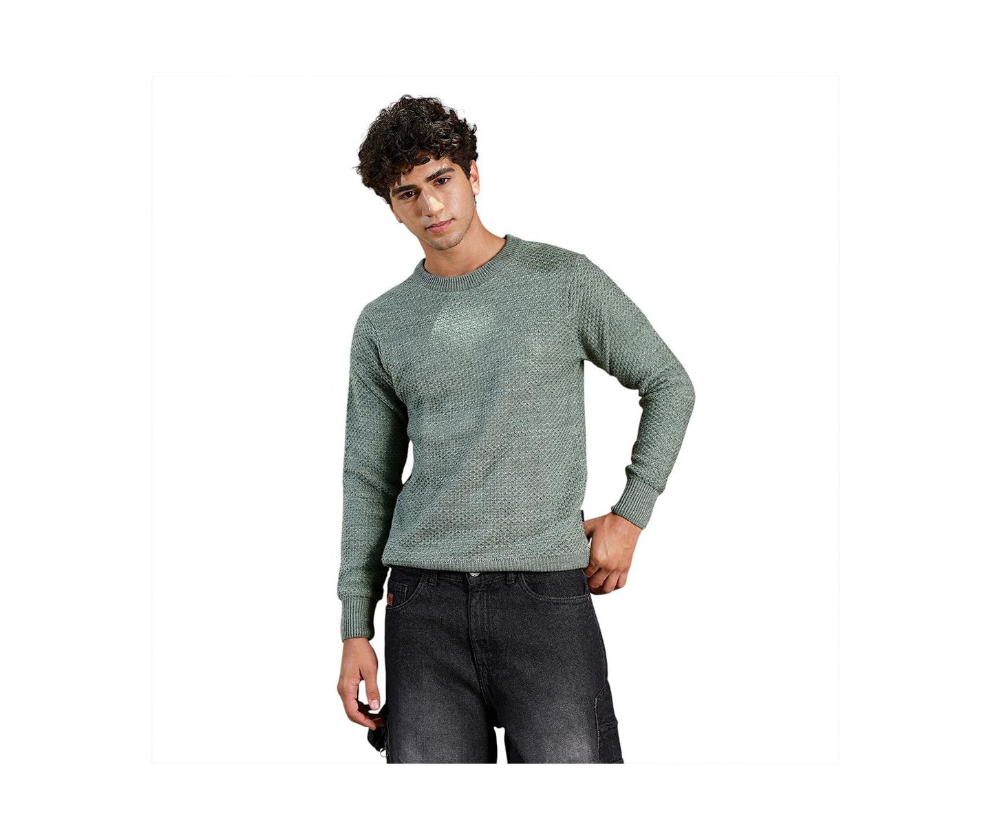 Мужской свитер Campus Sutra Geo-Jacquard Knit Pullover, цвет: Зелёный — фото 1