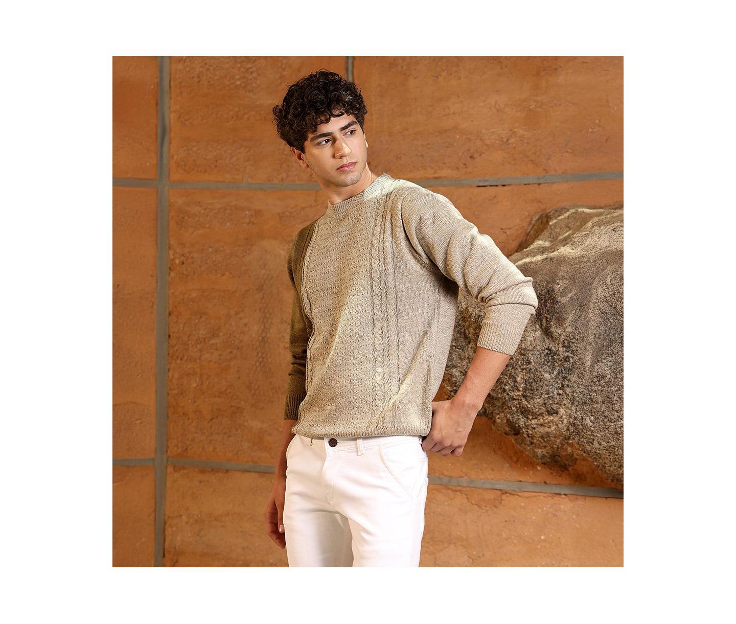Мужской свитер Campus Sutra Sand Beige Textured-Jacquard Knit Pullover, цвет: Бежевый / Хаки — фото 3