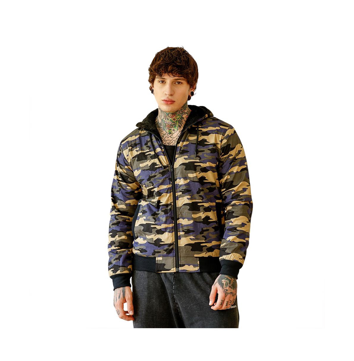 Campus Sutra Men's Army Green & Khaki Beige Camouflage Fleece-Lined Jacket