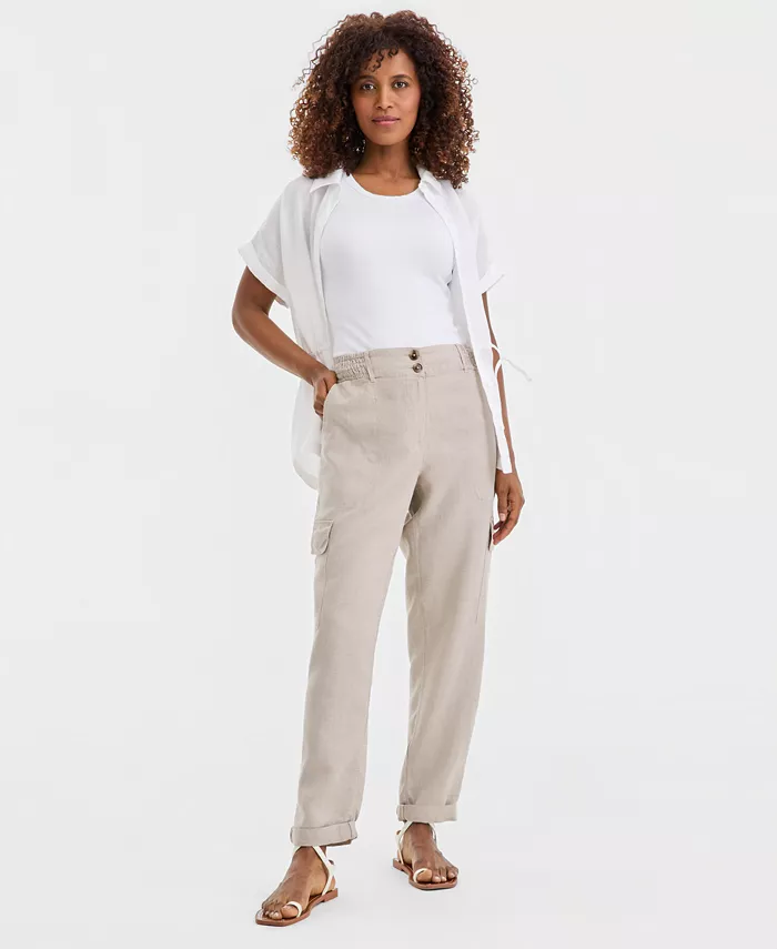 Women's Linen Smocked Cargo Pants