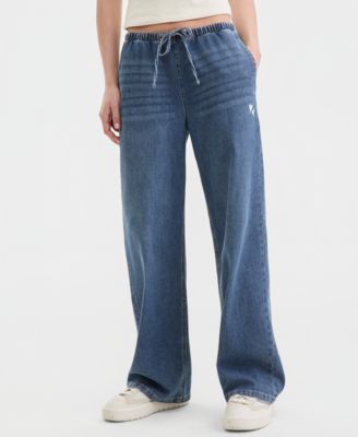 Juniors' Heart-Embroidered Drawstring Wide-Leg Jeans
