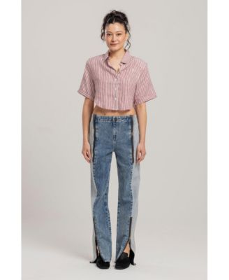 Women's Red Striped Linen Crop Shirt