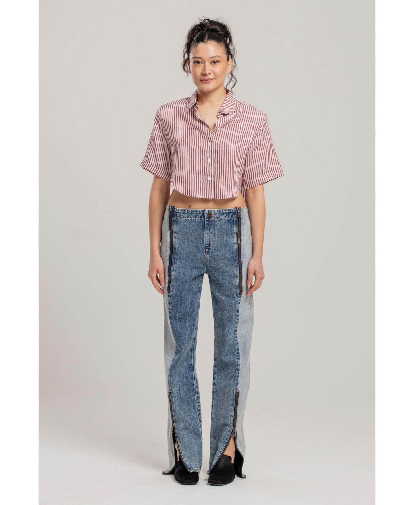 Женская рубашка PCFG Red Striped Linen Crop, цвет: Красный — фото 8