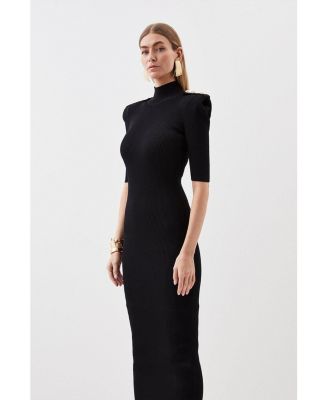 Women's Rib Knit Power Shoulder Maxi Dress