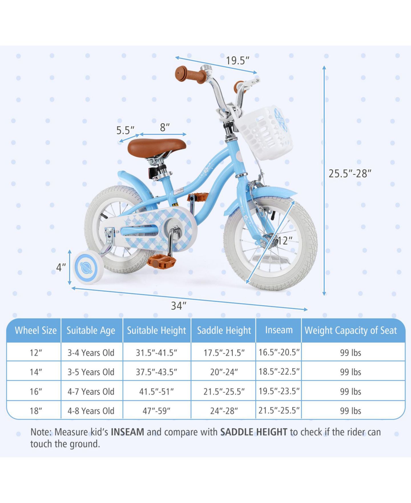 Детская игрушка SUGIFT Kids Bike with Basket, Adjustable Seat & Training Wheels, цвет: Светлый синий — фото 3
