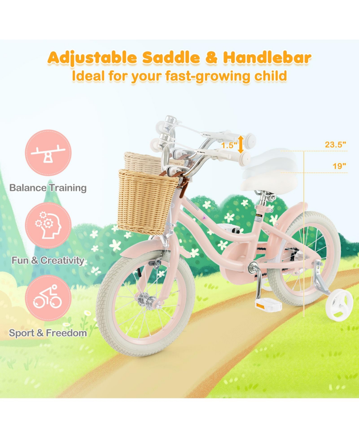 SUGIFT14-Inch Kids Bike with Training Wheels and Adjustable Handlebar Seat