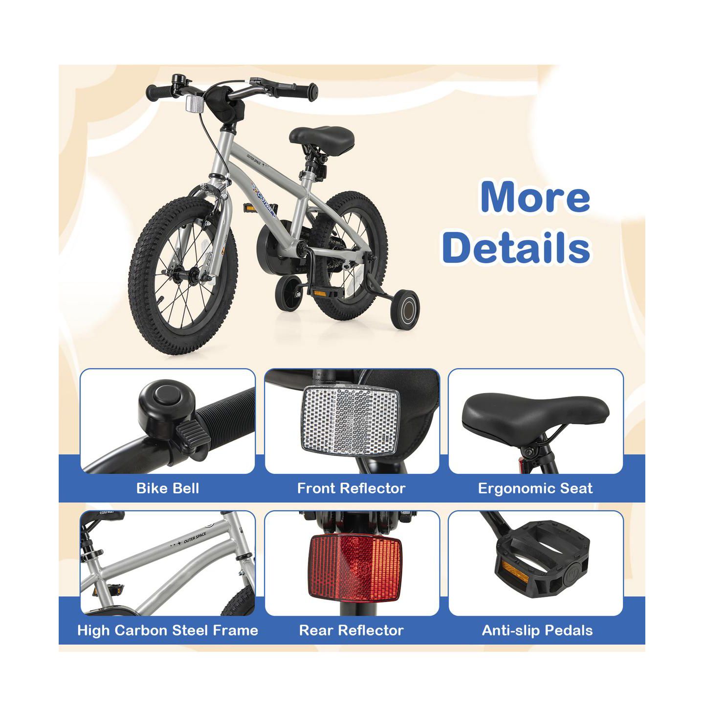 Детская игрушка SUGIFT 14 Inch Kids Bike High Carbon Steel Frame with Removable Training Wheels, Ages 3-7, цвет: Серебряный — фото 6