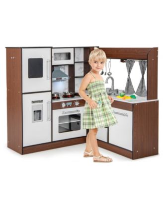 SUGIFT Wooden Corner Play Kitchen with Water Circulation System and Lights