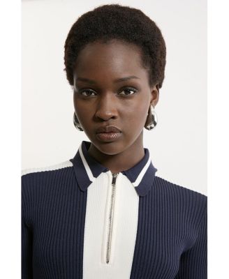 Women's Rib Knit Polo Zip Up Midi Dress