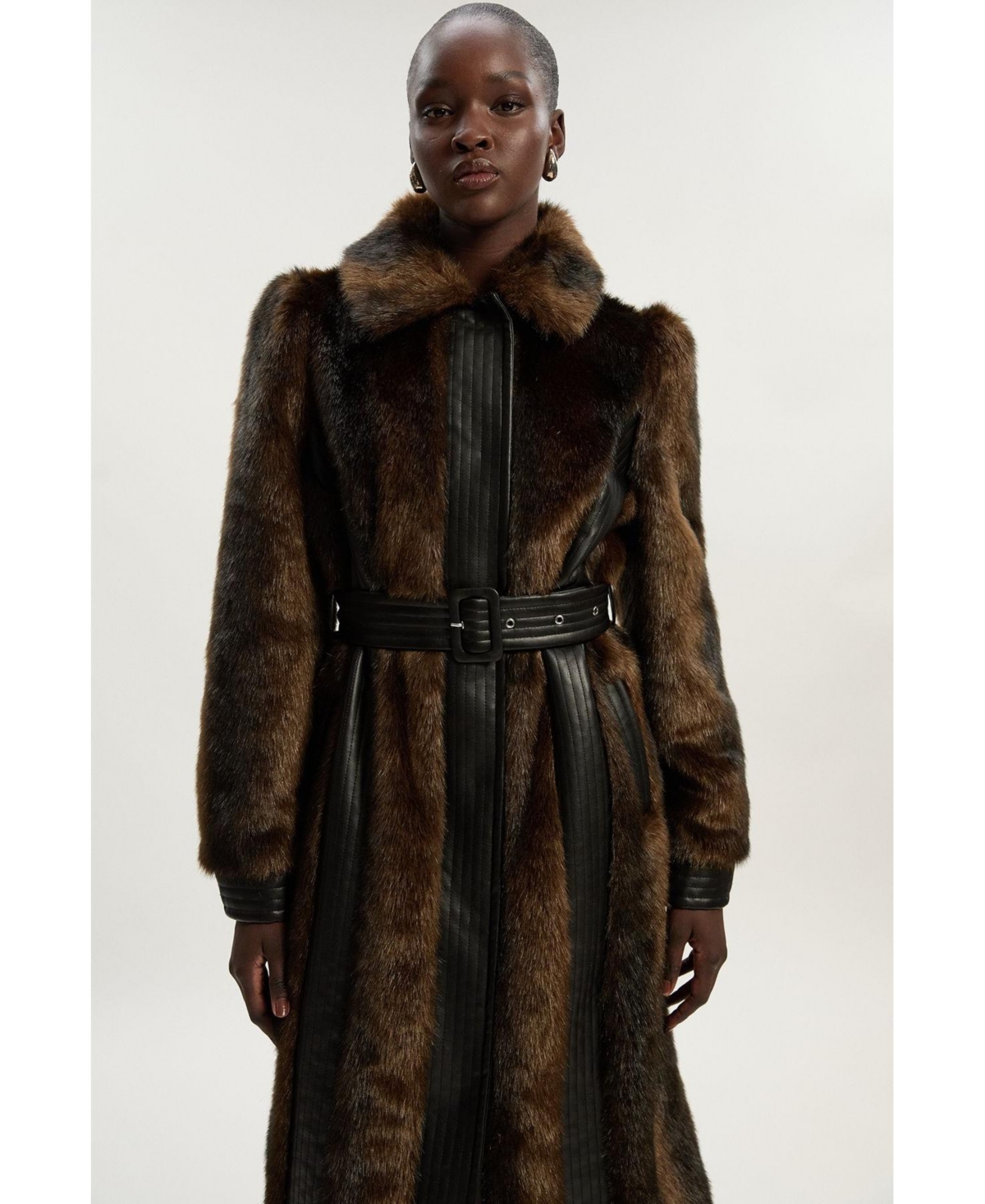 Karen Millen Women's Faux Fur Pu Panelled Belted Midi Coat