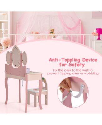 Kids Vanity Princess Makeup Dressing Table Chair Set with Tri-fold Mirror, White