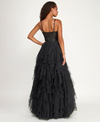 Juniors' Sweetheart-Neck Ruffled Cascade Gown 