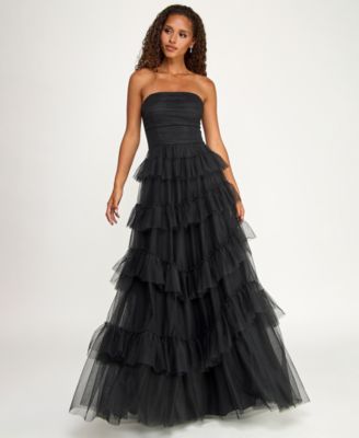 Juniors' Strapless Ruffle Skirt Gown