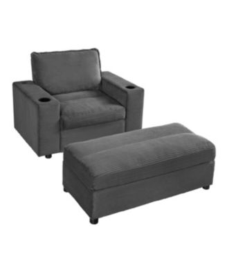 Oversized Corduroy Chaise Lounge with Storage Ottoman, Cup Holders & USB