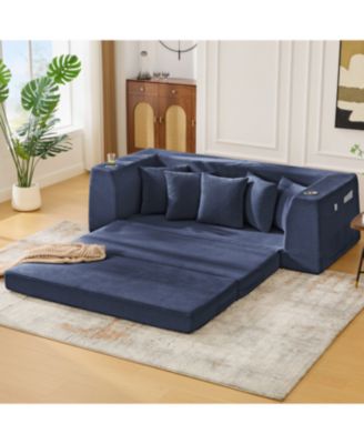 Streamdale Blue Corduroy Convertible Sofa Bed with 5 Pillows, No Assembly