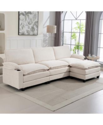 Modern 3+1 L-Shaped Corduroy Sofa with Ottoman, Cloud Couch for Living Room.