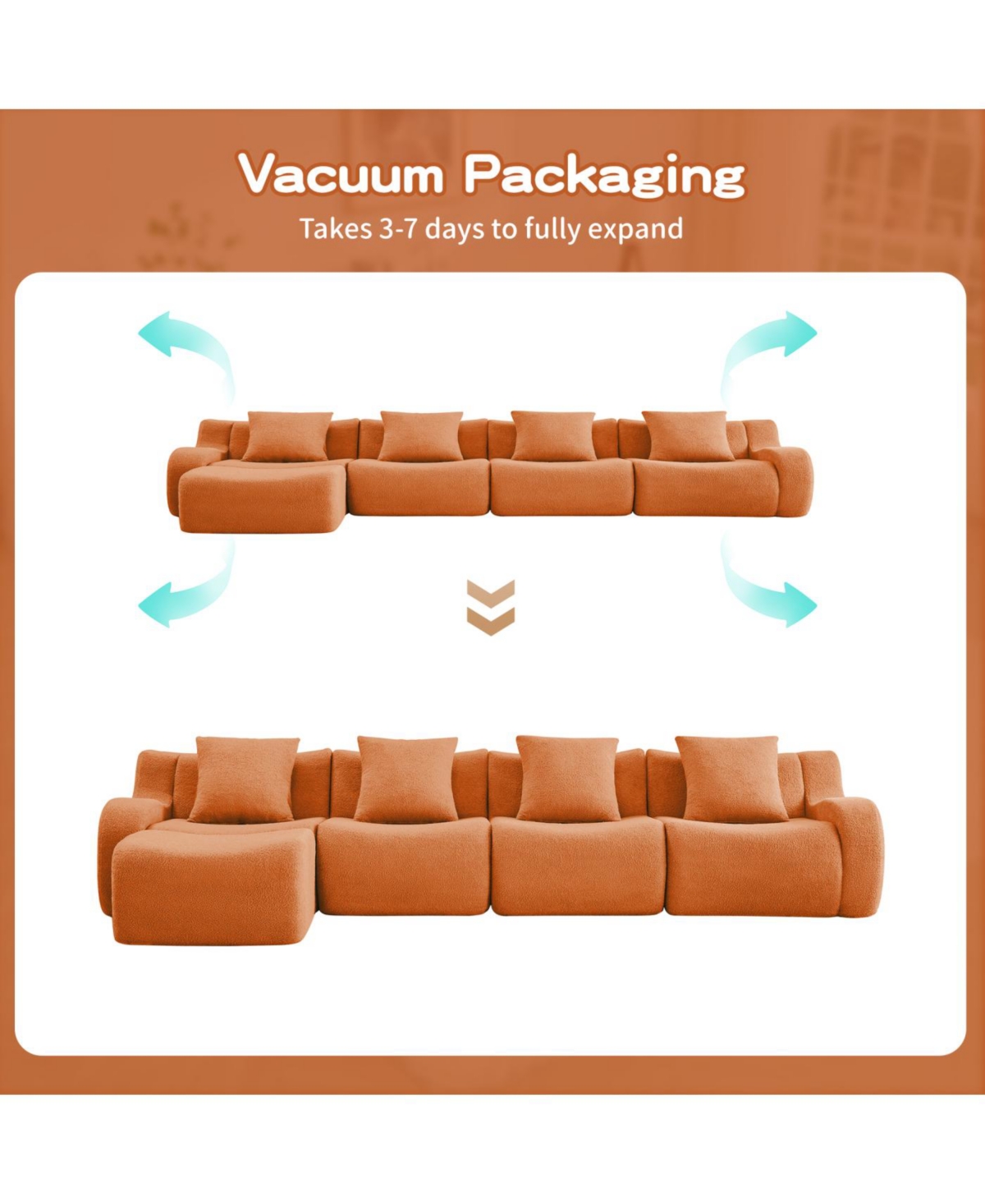 Streamdale Furniture L-Shaped 4-Seat Boneless Sofa, Teddy Fabric, No Assembly, Orange