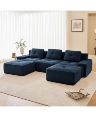 Modern U-Shaped Modular Sectional Sofa, Corduroy Fabric, Blue