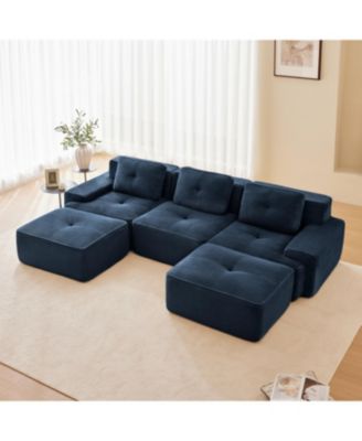 Modern U-Shaped Modular Sectional Sofa, Corduroy Fabric, Blue