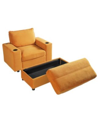 Oversized Corduroy Chaise Lounge with Storage Ottoman, Cup Holders & USB