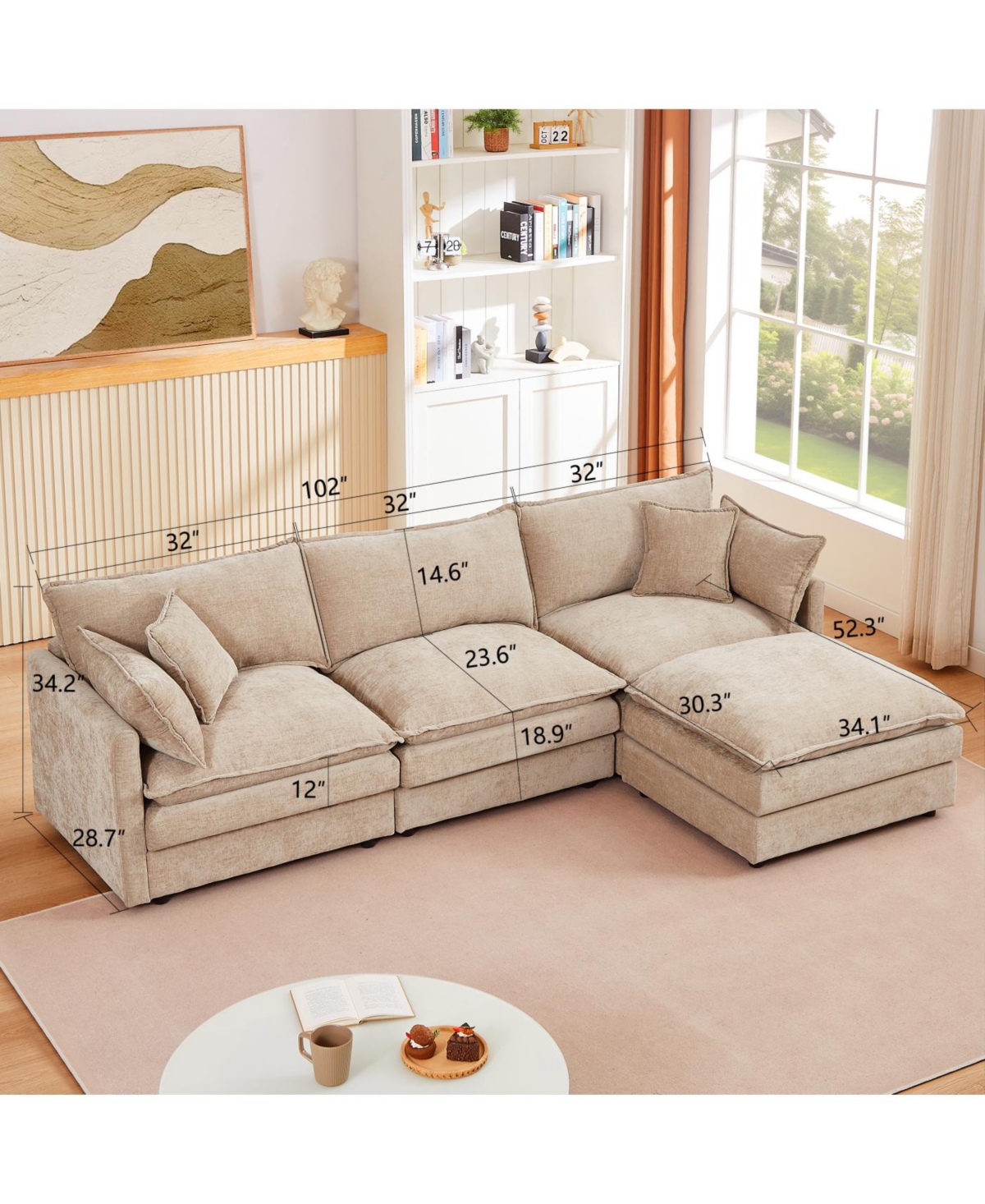 Streamdale Furniture Streamdale Modular Sectional Sofa, 102 Inch L Shaped Couch Set, 3-Seater Comfy Cloud Couch with Ottoman