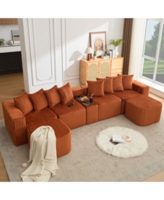 U Shaped Sofa, USB/Wireless Charge, Coffee Table, Movable, 6 Seats, Corduroy, Orange