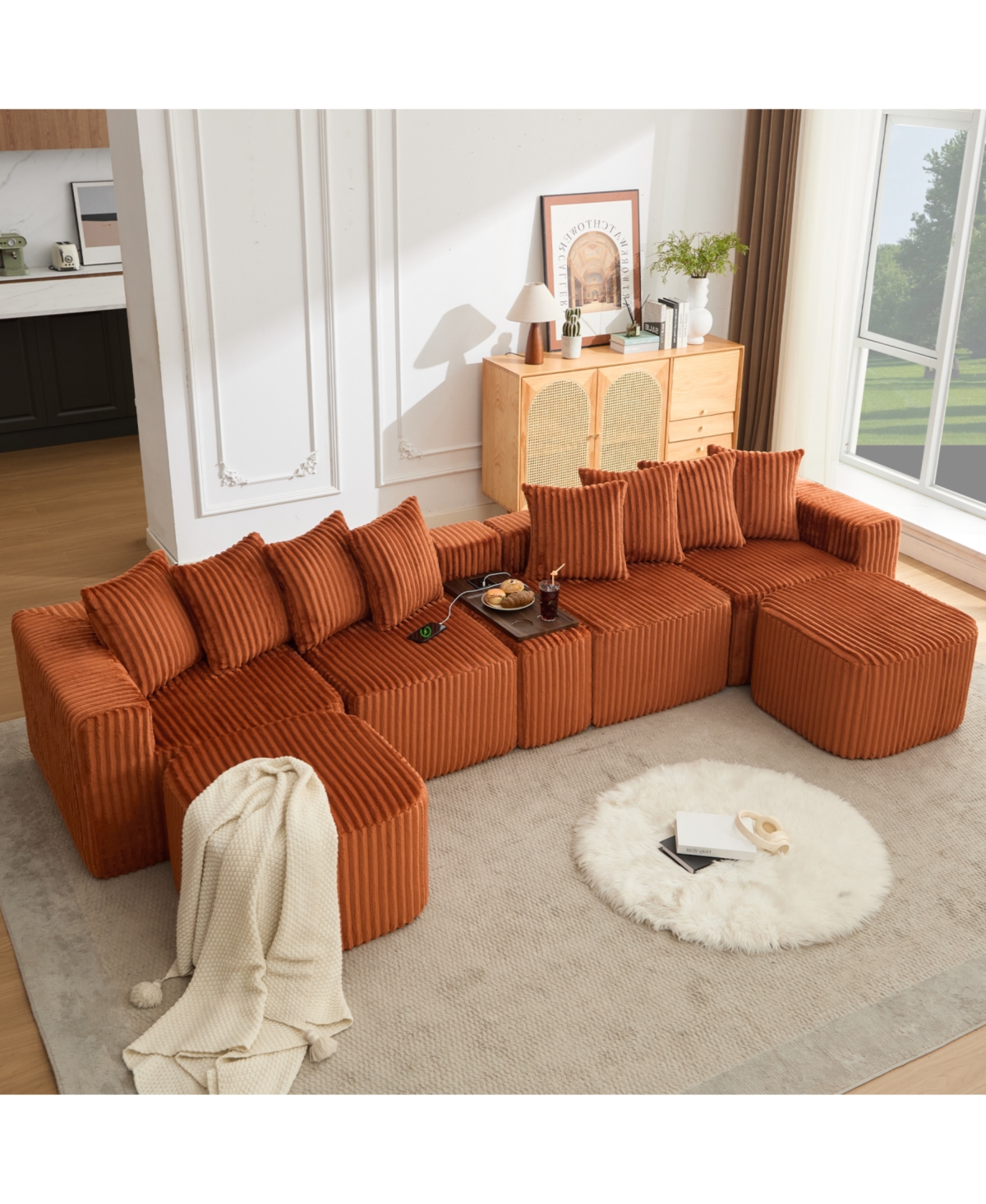 Streamdale Furniture U Shaped Sofa, Usb/Wireless Charge, Coffee Table, Movable, 6 Seats, Corduroy, Orange