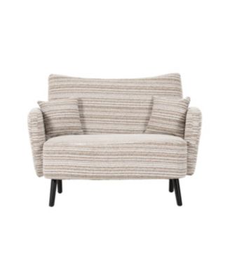 Modern two-seater sofa with armrests, pillows, and storage pockets.