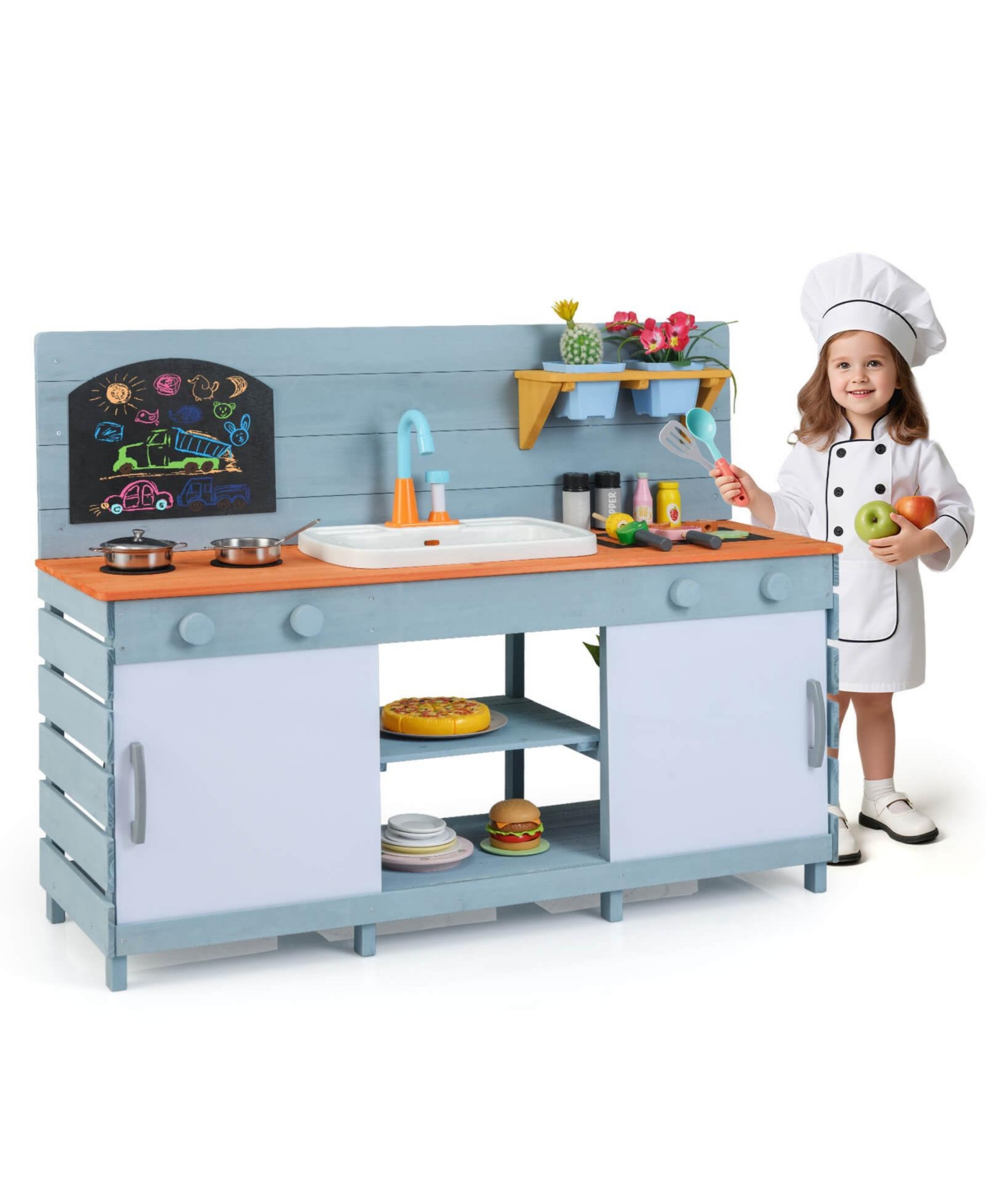 Costway Play Kitchen for Kids Wooden Toy Kitchen Playset with Chalkboard Grill Rack