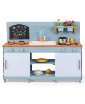 Play Kitchen for Kids Wooden Toy Kitchen Playset with Chalkboard Grill Rack