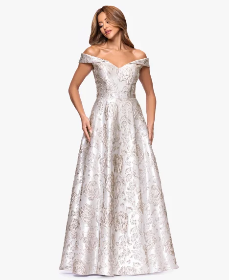 Petite Brocade Sweetheart Off-The-Shoulder Long Gown - Taupe Silver