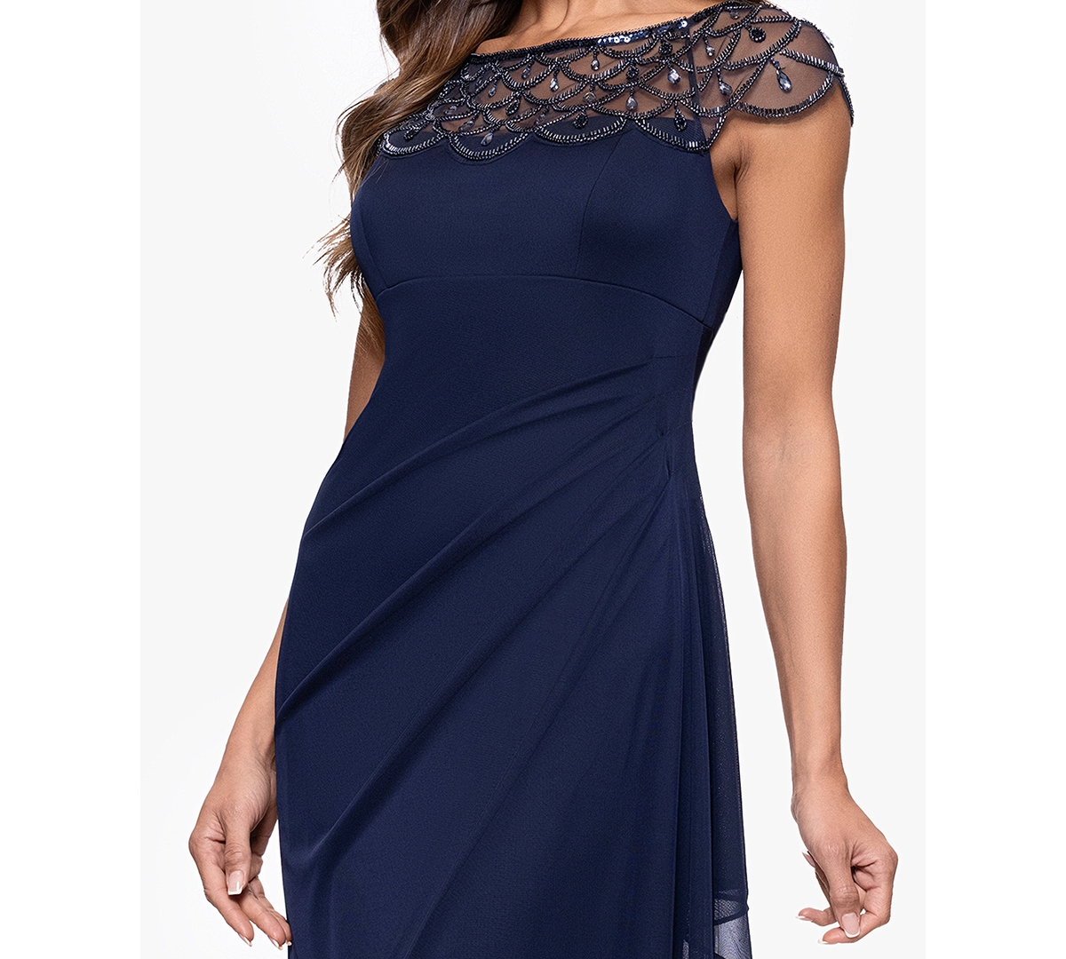 Xscape Petite Short-sleeve Boat Neck Dress In Blue