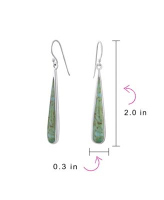 Boho Blue Stabilized Turquoise Inlay Long Flat Teardrop Shaped Dangle Earrings Sterling Silver French Wire