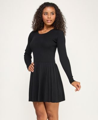 Juniors Pleated Round Neck Fit & Flare Sweater Dress