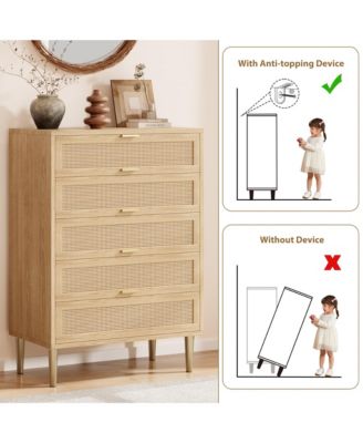 Rattan 5 Drawer Dresser, 44'' Tall Narrow Chest, Farmhouse Wood Dresser with Metal Legs, Bedroom Cabinet