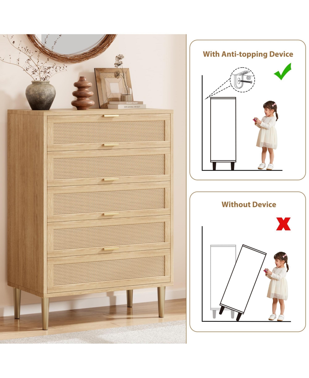 Gaomon Rattan 5 Drawer Dresser, 44'' Tall Narrow Chest, Farmhouse Wood Dresser with Metal Legs, Bedroom Cabinet