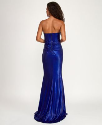 Juniors' Strapless Corset Front Slit Long Gown