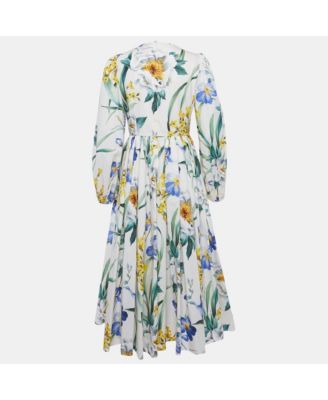 Women's White Floral Print Cotton Midi Dress