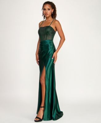Juniors' Square Neck Side Slit Gown