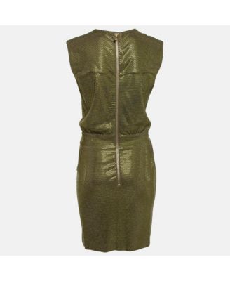Women's Green Embellished Jersey V-Neck Sleeveless Dress